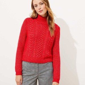 LOFT Sweater Red Cable Knit Turtleneck Long Sleeve Pullover